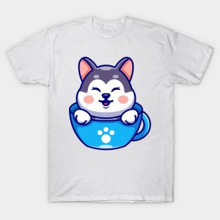 Cute husky on cup coffee cartoon T-Shirt